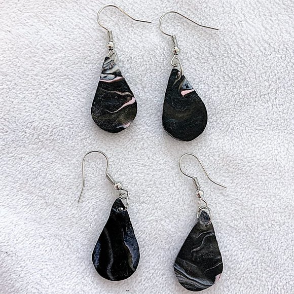 Marbled Water-Drop Polymer Clay Dangle Drop Earrings - Picture 5 of 6